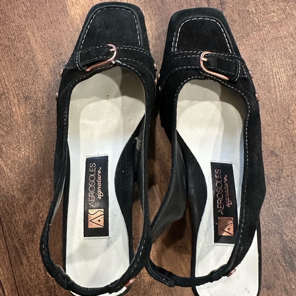 AEROSOLES Black Square-Toe Mules with Buckle